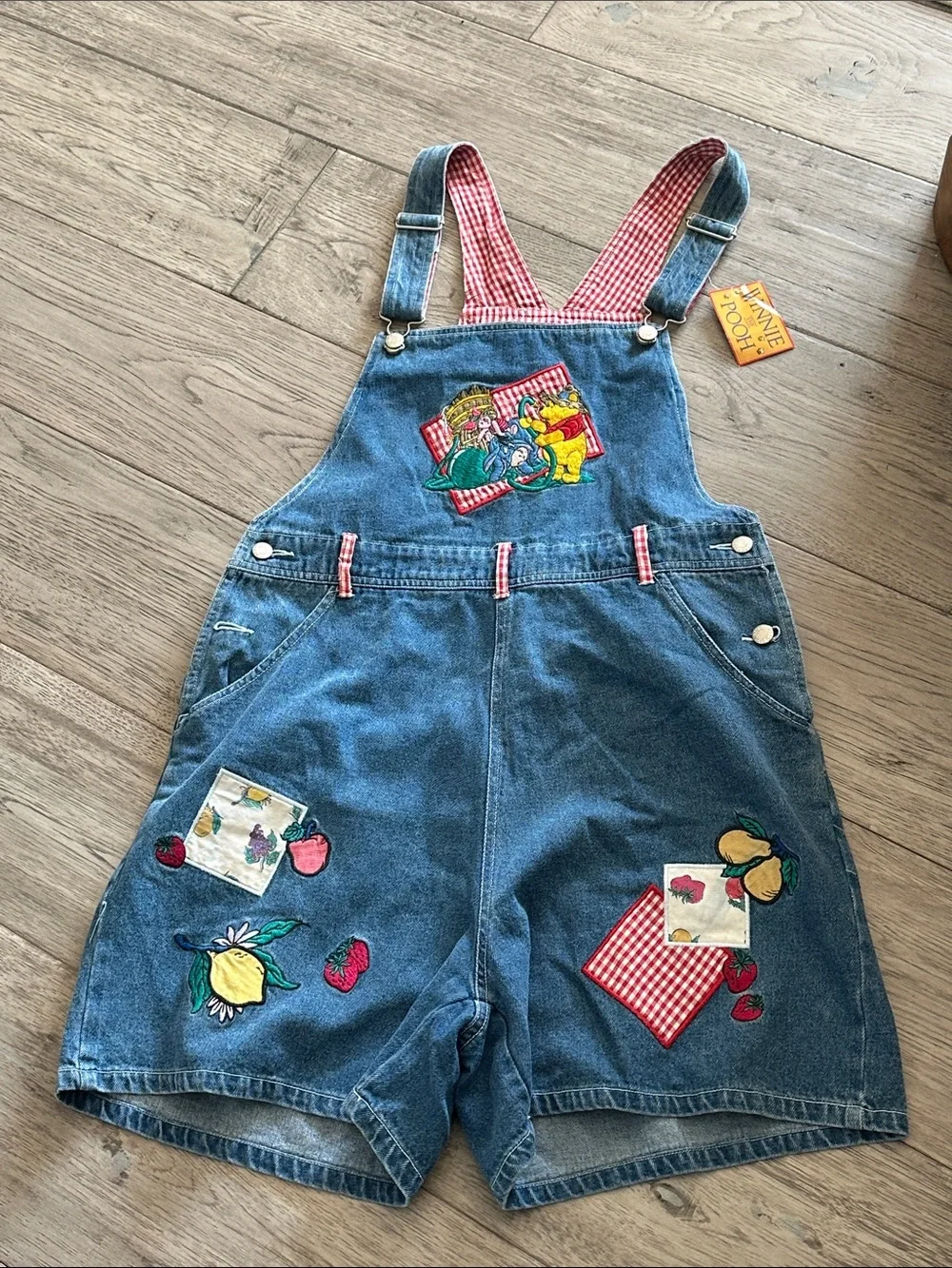 Vintage Disney Denim Overalls Shortalls w Winnie the Pooh Fruitstand Patchwork - Picture 2 of 6